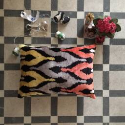 Multicolor Velvet Ikat Pillow - Uzbek Silk Cushion Cover Lumbar Throw Coach Case - thumbnail 2