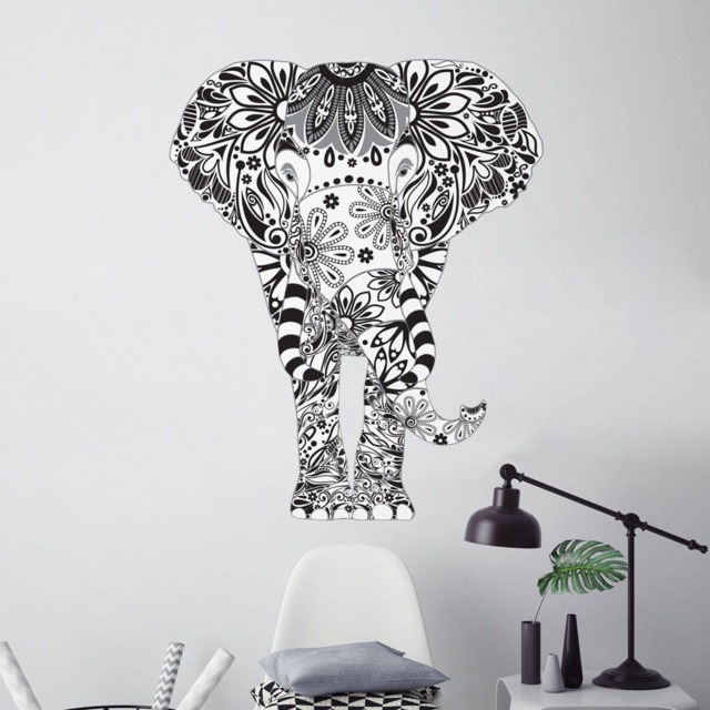 Elephant Wall Decal - Black, White, & Greay Floral Pattern Easy Peel Stick Fabric Sticker - image 1