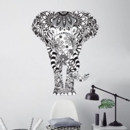 Elephant Wall Decal - Black, White, & Greay Floral Pattern Easy Peel Stick Fabric Sticker - thumbnail 1