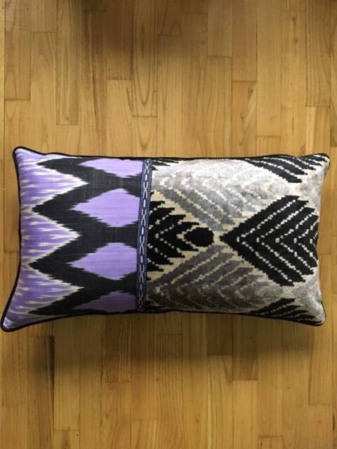 Purple Beige Ikat Pillow Cover - Uzbek Silk & Velvet Silver, Black - image 1