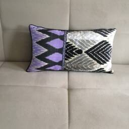 Purple Beige Ikat Pillow Cover - Uzbek Silk & Velvet Silver, Black - thumbnail 2