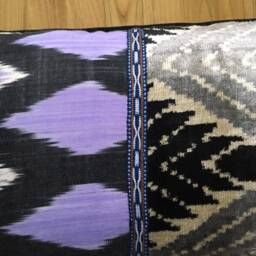 Purple Beige Ikat Pillow Cover - Uzbek Silk & Velvet Silver, Black - thumbnail 4