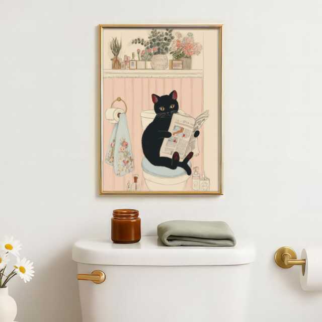 Black Cat Toilet Art Print - Funny Bathroom Wall Lover Gift Quirky Animal Humorous Decor - image 1