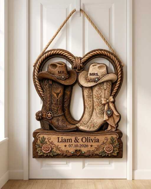 Personalized Cowboy Boot Door Hanger, Custom Western Wedding Sign, Mr Mrs Boots Wall Decor - image 1