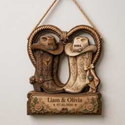 Personalized Cowboy Boot Door Hanger, Custom Western Wedding Sign, Mr Mrs Boots Wall Decor - thumbnail 3