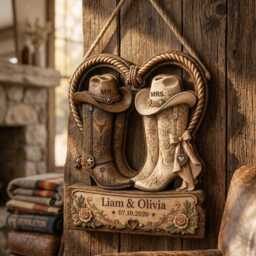 Personalized Cowboy Boot Door Hanger, Custom Western Wedding Sign, Mr Mrs Boots Wall Decor - thumbnail 4