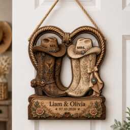 Personalized Cowboy Boot Door Hanger, Custom Western Wedding Sign, Mr Mrs Boots Wall Decor - thumbnail 2
