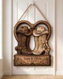 Personalized Cowboy Boot Door Hanger, Custom Western Wedding Sign, Mr Mrs Boots Wall Decor - thumbnail 1