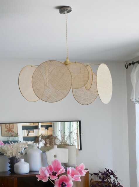 8-Round Linen & Brass Pendant Light - Designer Chandelier Kinetic Mobile Handmade - image 1