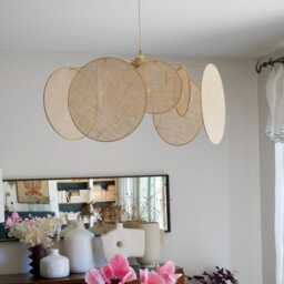 8-Round Linen & Brass Pendant Light - Designer Chandelier Kinetic Mobile Handmade - thumbnail 2