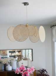 8-Round Linen & Brass Pendant Light - Designer Chandelier Kinetic Mobile Handmade - thumbnail 1