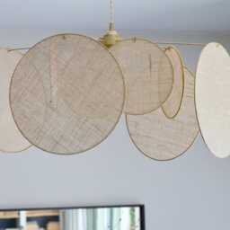 8-Round Linen & Brass Pendant Light - Designer Chandelier Kinetic Mobile Handmade - thumbnail 3