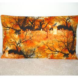 Pillow Cover Gothic Creepy Victorian Graveyard Cemetery Gravestones Raven Bats Orange & Black Bolster Sham 12x20 Halloween Cushion 12x16