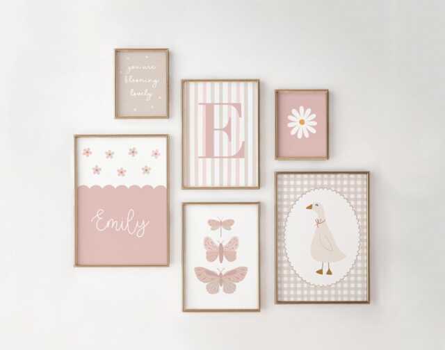 Girls Room Prints, Set Of 6, Gallery Wall Personalised Art, Neutral Bedroom, Nursery Decor - image 1