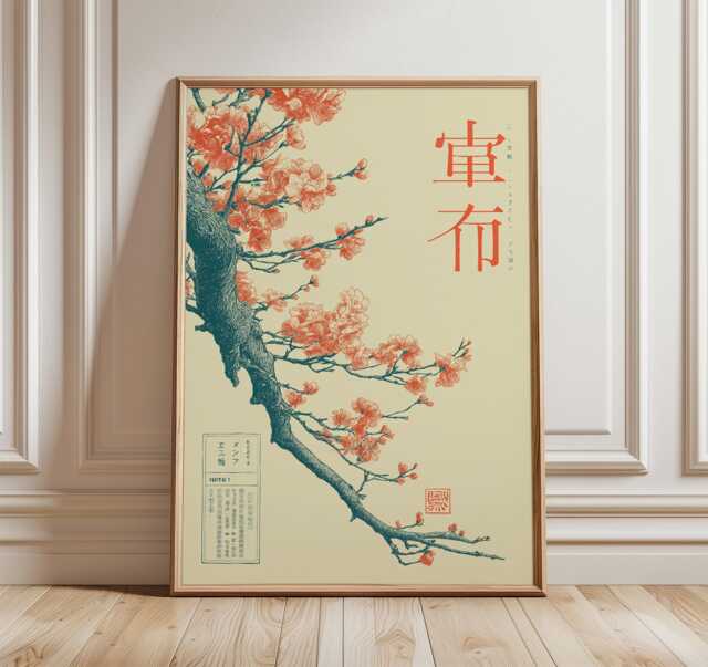 Japanese Minimal Cherry Blossom Poster, Elegant Sakura Branch Print, Vintage Inspired Wall Art, Tranquil Nature Home Decor - image 1