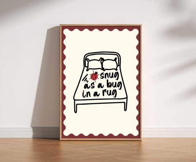 Snug As A Bug Art Print Poster, Trendy Retro Mid Century Bedroom Fun Aesthetic, Kids Nursery Bedroom, Cosy Whimsical, Cute Ladybird - image 1