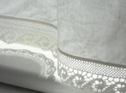 Linen Cafe Curtain Natural White Panel For Bathroom Window With Crochet Wave Lace Trim - thumbnail 1