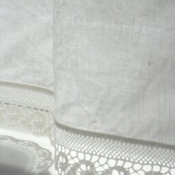 Linen Cafe Curtain Natural White Panel For Bathroom Window With Crochet Wave Lace Trim - thumbnail 2