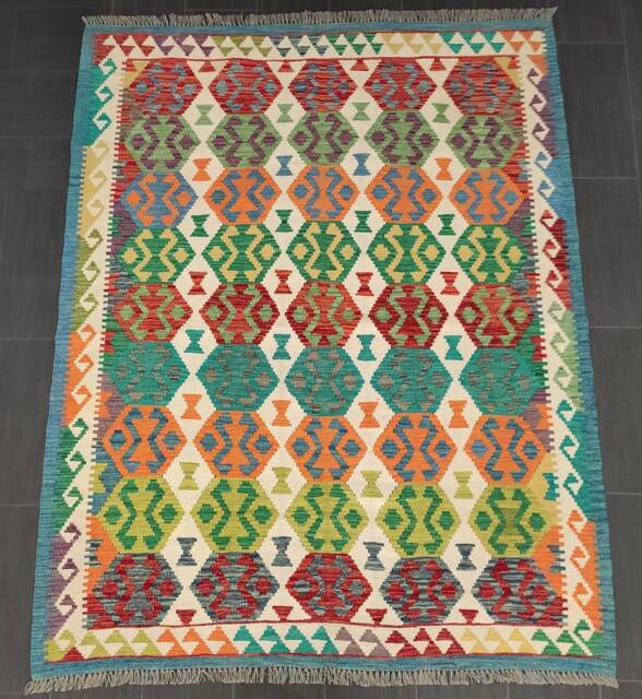 Afghan Kilim Rug, Handmade Artisan Multicoloured Natural Wool Flatweave, Geometric Design, 203x163 cm - image 1