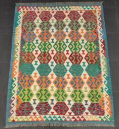 Afghan Kilim Rug, Handmade Artisan Multicoloured Natural Wool Flatweave, Geometric Design, 203x163 cm - thumbnail 1