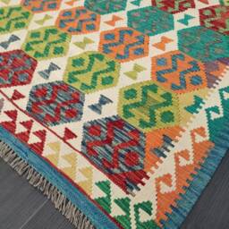 Afghan Kilim Rug, Handmade Artisan Multicoloured Natural Wool Flatweave, Geometric Design, 203x163 cm - thumbnail 2