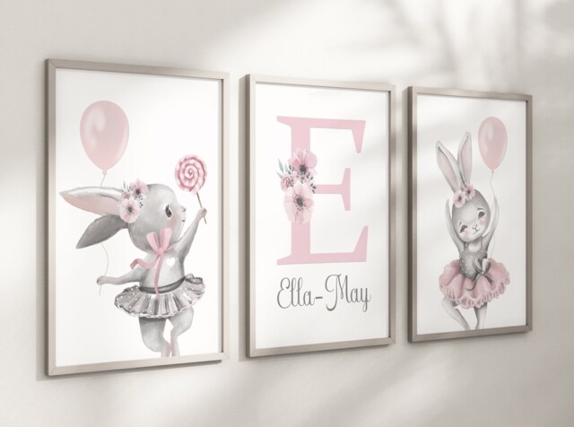 Rabbit Ballerina Ballet Bunny Baby Girls A4 Or A3 Nursery Set Of Unframed Prints Pink Grey Flowers Balloon Decor - image 1