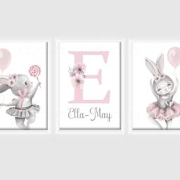 Rabbit Ballerina Ballet Bunny Baby Girls A4 Or A3 Nursery Set Of Unframed Prints Pink Grey Flowers Balloon Decor - thumbnail 2