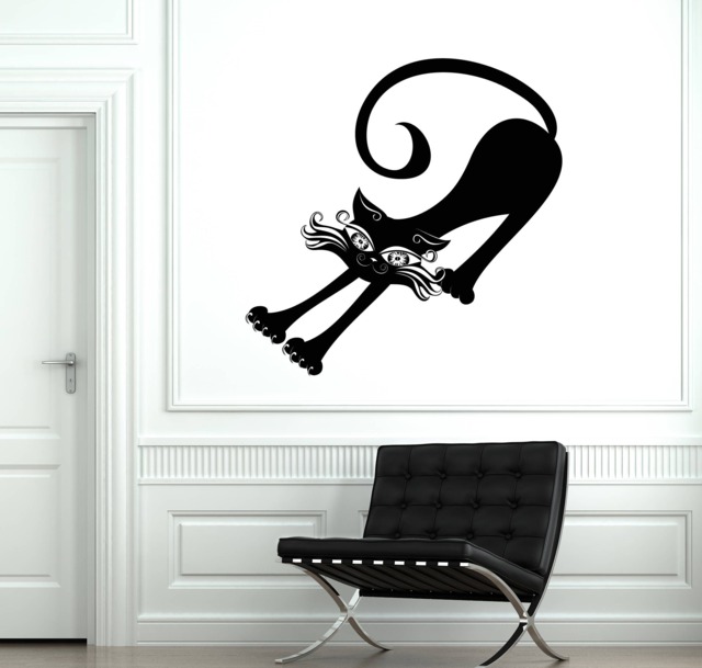 Wall Vinyl Decal Little Black Cat Stretches Elbow Sharp Paw Kids Room Decor - #2451Dn - image 1