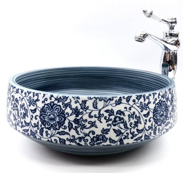 Vintage Floral Patterned Basin Sink Handmade Round Bathroom Vessel Blue White Porcelain China Cloakroom Ceramic Countertop Vanity Wash Bowl - image 1