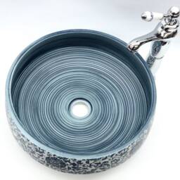 Vintage Floral Patterned Basin Sink Handmade Round Bathroom Vessel Blue White Porcelain China Cloakroom Ceramic Countertop Vanity Wash Bowl - thumbnail 2