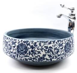 Vintage Floral Patterned Basin Sink Handmade Round Bathroom Vessel Blue White Porcelain China Cloakroom Ceramic Countertop Vanity Wash Bowl - thumbnail 1
