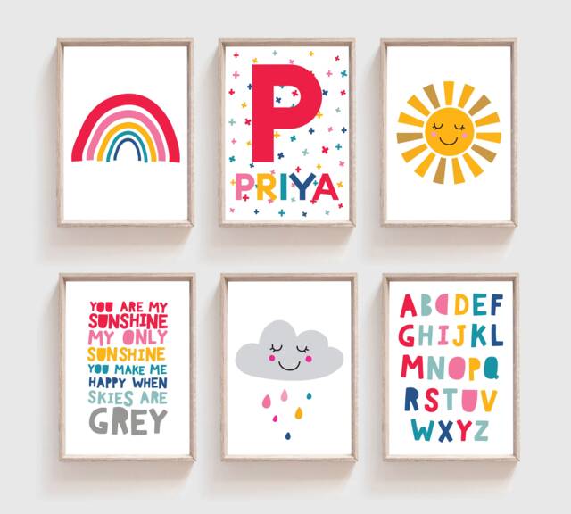 Set Of 6 Girls Nursery Prints, Rainbow Wall Art, Bedroom Decor, Personalised, Playroom, Decor - image 1