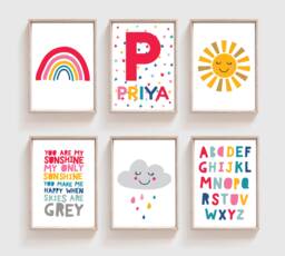 Set Of 6 Girls Nursery Prints, Rainbow Wall Art, Bedroom Decor, Personalised, Playroom, Decor - thumbnail 1