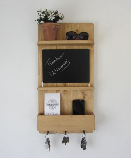 Reclaimed Wood Kitchen Organizer 3 Hook Key Holder With Shelf , Letter Rack & Chalk Board/Blackboard Medium Oak Wax - image 1