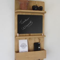Reclaimed Wood Kitchen Organizer 3 Hook Key Holder With Shelf , Letter Rack & Chalk Board/Blackboard Medium Oak Wax - thumbnail 2