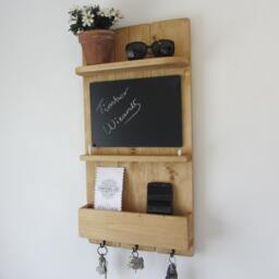 Reclaimed Wood Kitchen Organizer 3 Hook Key Holder With Shelf , Letter Rack & Chalk Board/Blackboard Medium Oak Wax - thumbnail 3