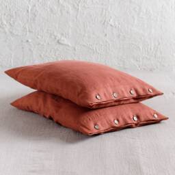 Linen Pillowcases With Buttons, Set Of 2, Burnt Orange Pillowcase Pair, Standard, King, Queen, Natural Bedding