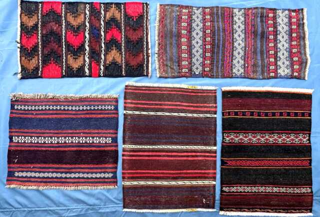 Set Of 5 Kilim Mats, Afghan Flatweave Door Small Tribal Rugs, Mini Handwoven Wool Placemats, Boho Entryway Coaster - image 1