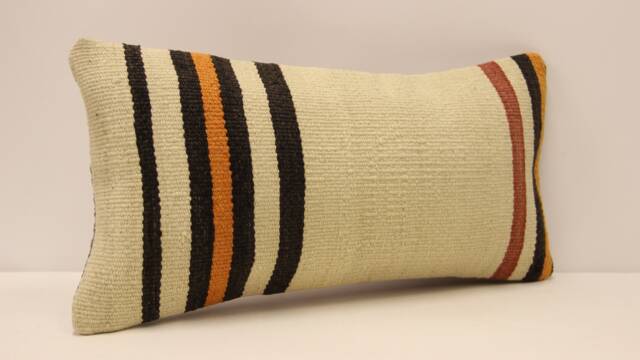 Vintage Turkish Kilim Pillow - Striped Wool Lumbar Cushion Cover - 10x20 In - image 1