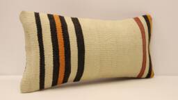 Vintage Turkish Kilim Pillow - Striped Wool Lumbar Cushion Cover - 10x20 In - thumbnail 1