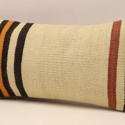 Vintage Turkish Kilim Pillow - Striped Wool Lumbar Cushion Cover - 10x20 In - thumbnail 3