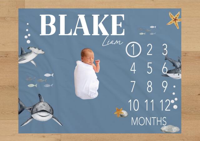 Shark Baby Milestone Blanket Personalized Monthly Custom Shower Gift For New Mom Keepsake One Year - image 1