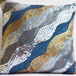 Sequin Pillow Cover Blue Art Silk With Silver & Copper Beads - thumbnail 3