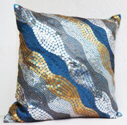 Sequin Pillow Cover Blue Art Silk With Silver & Copper Beads - thumbnail 1