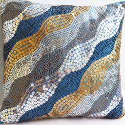 Sequin Pillow Cover Blue Art Silk With Silver & Copper Beads - thumbnail 2
