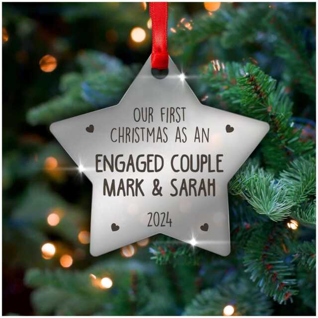 Our First Christmas Engagement Gift For Fiancee - Personalised Engaged Couple Ornament 1st With Red Bag - image 1