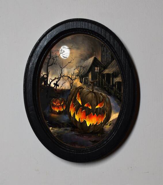 Halloween Black Oval Wooden Framed Picture Wall Hanging Scary Pumpkins - image 1