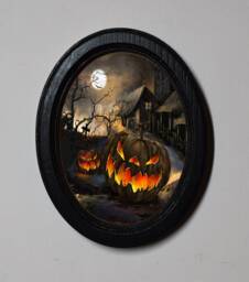 Halloween Black Oval Wooden Framed Picture Wall Hanging Scary Pumpkins - thumbnail 1