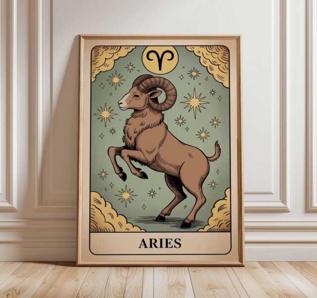 Aries Zodiac Sign Ram Art Print Poster, Mystical Illustration, Astrology Wall Decor Unique Spiritual Gift - image 1