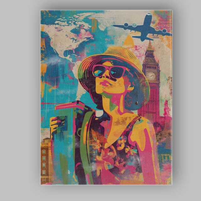 Colourful Holiday Traveller With Luggage Big Ben Pop Art Canvas Wall Print Decor Picture Ready To Hang - image 1